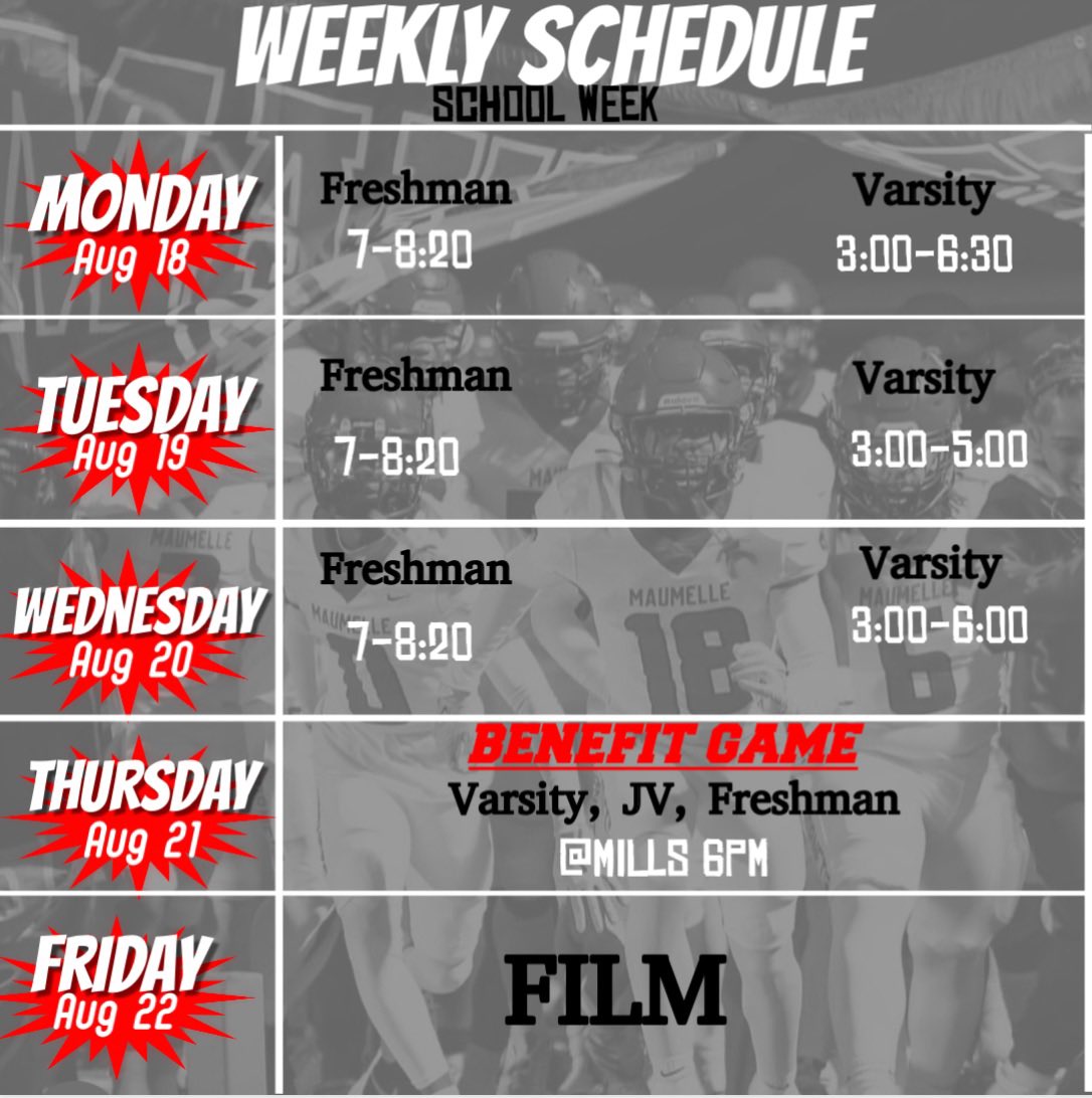 Game Week!!!!! Kick off is early Thursday 6pm AT MILLS
The format will be 
2 quarters variety 
1 Quarter JV
1 Quarter Freshman 
 
Senior Banner pictures Wednesday during school. 
We will watch film Friday during the athletic period.