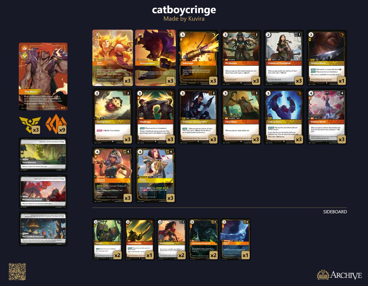 been topping a few <a href="/playriftbound/">Riftbound</a> tournaments, maybe I should start posting lists here idk

Top 2 at <a href="/LuxuryGamingTv1/">Luxury Gaming</a>  Riftbound Champion Series $1k

R1🔵Viktor🟡 W
R2🔵Viktor🟡W
R3🟢Leona🟡W
R4🟢Yi🟠W
R5🔵Viktor🟡 L
R6🔴Kai'sa🔵W

Top8:
R1🟢Yi🟠W
R2🟠Sett🟡W
Final 🔴Darius🟡L