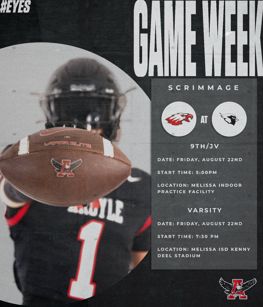 Argyle Football (@argylegridiron) on Twitter photo Scrimmage
🆚 Melissa
📅 Friday, Aug 22
JV/Freshman
🕔 5:00
🏟️ Melissa Indoor Practice Facility
Varsity
🕢 7:30
🏟️ Melissa ISD Kenny Deel Stadium
📸 <a href="/TheTalonNews/">The Talon News</a>
#Eyes Scrimmage
🆚 Melissa
📅 Friday, Aug 22
JV/Freshman
🕔 5:00
🏟️ Melissa Indoor Practice Facility
Varsity
🕢 7:30
🏟️ Melissa ISD Kenny Deel Stadium
📸 <a href="/TheTalonNews/">The Talon News</a>
#Eyes