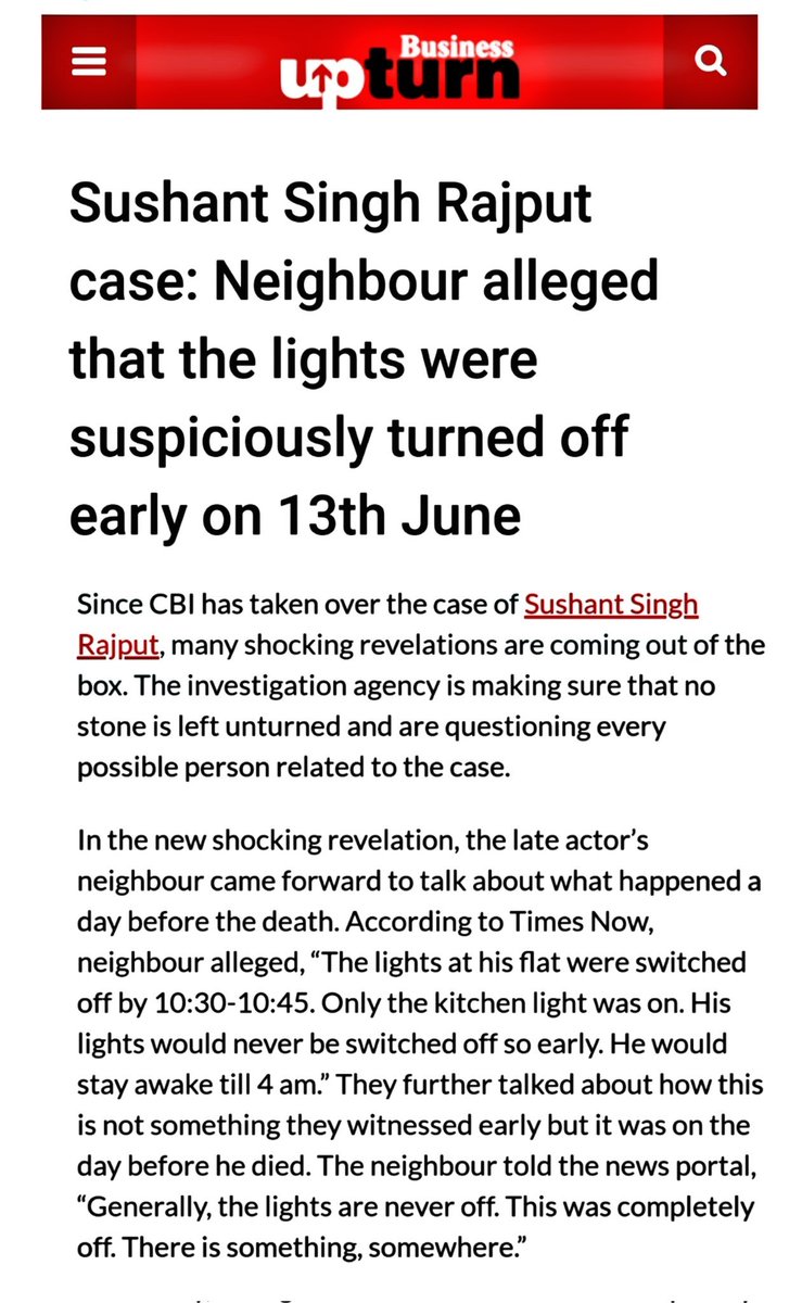 Justice 4 SSR (Back Up) (@justice4ssrbac1) on Twitter photo 📌Where is the neighbor who told media that lights of Sushant's residence were switched off early on 13th night❓
As per her statement there was no party held on June 13th..
<a href="/CBIHeadquarters/">Central Bureau of Investigation (India)</a> <a href="/IPS_Association/">IPS Association</a> <a href="/arjunrammeghwal/">Arjun Ram Meghwal</a> <a href="/PMOIndia/">PMO India</a>
SSRCase Awareness Campaign 📌Where is the neighbor who told media that lights of Sushant's residence were switched off early on 13th night❓
As per her statement there was no party held on June 13th..
<a href="/CBIHeadquarters/">Central Bureau of Investigation (India)</a> <a href="/IPS_Association/">IPS Association</a> <a href="/arjunrammeghwal/">Arjun Ram Meghwal</a> <a href="/PMOIndia/">PMO India</a>
SSRCase Awareness Campaign