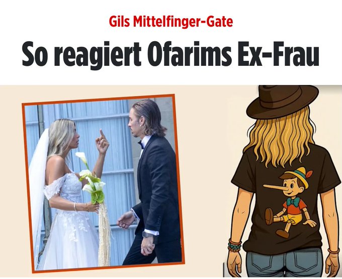 Lügenbaron Gil Ofarim ist ein richtiger Womanizer:   

Die Ex stellt ihn als Pinocchio dar und die Neue zeigt ihm auf der Hochzeit den Stinkefinger.