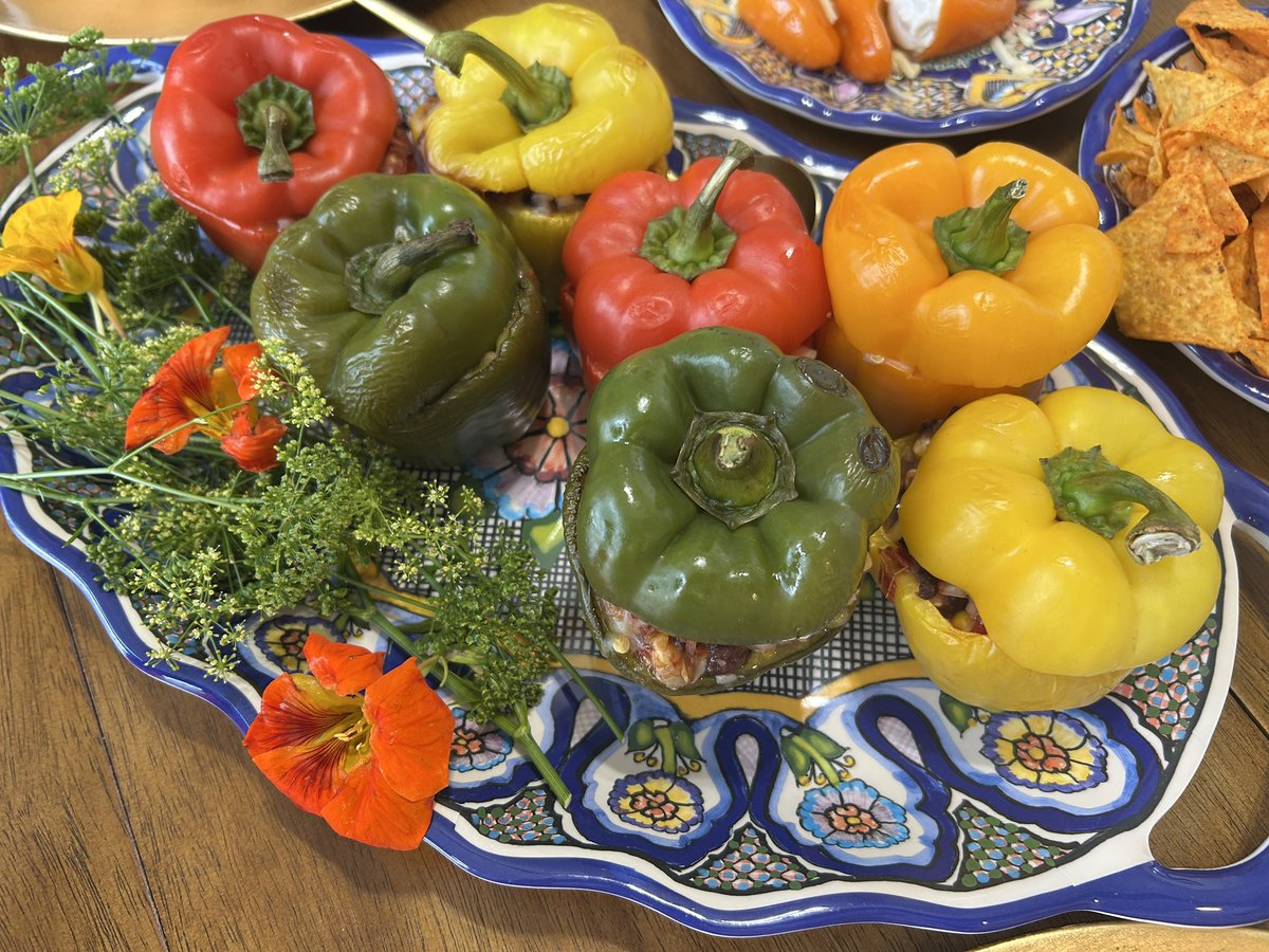 FoodStringer's tweet image. PEPPER PARTY! Stuffed Peppers galore to-night! So nutritious! We capped off our parade of colorful peppers stuffed with farm market delights with homemade cherry pop tarts! Fun! Delish!