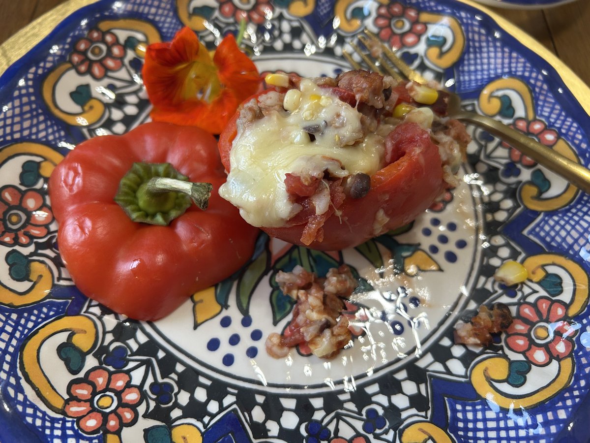 FoodStringer's tweet image. PEPPER PARTY! Stuffed Peppers galore to-night! So nutritious! We capped off our parade of colorful peppers stuffed with farm market delights with homemade cherry pop tarts! Fun! Delish!