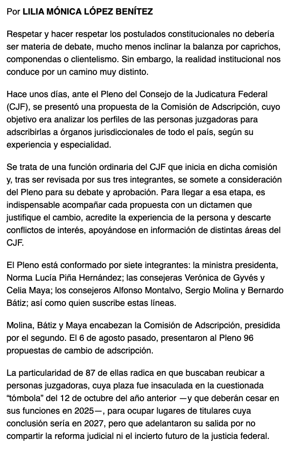 EliudTapia's tweet image. La Consejera Lilia Mónica López Benítez denunció algo grave:

Sus pares Celia Maya, Sergio Molina y Bernardo Bátiz propusieron al Consejo de la Judicatura Federal readscribir a 87 personas juzgadoras para ocupar un cargo hasta 2027 a pesar de que debieron irse en 2025...