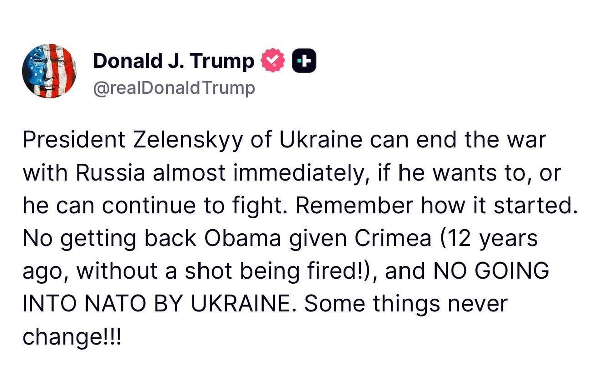 Kirill A. Dmitriev (@kadmitriev) on Twitter photo .<a href="/POTUS/">President Donald J. Trump</a> :
1. President Zelenskyy can end the war with Russia almost immediately.
2. No getting back Obama given Crimea.
3. No going into NATO by Ukraine. .<a href="/POTUS/">President Donald J. Trump</a> :
1. President Zelenskyy can end the war with Russia almost immediately.
2. No getting back Obama given Crimea.
3. No going into NATO by Ukraine.