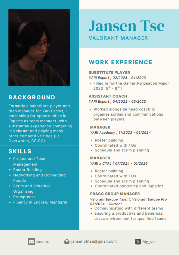 LFT as Valorant Manager in EMEA/APAC! 
- 2 years experience as player and staff
- Roster building and scouting experience
- Passionate about esports at all competitive levels (VCT, VCL, VRC)

Please DM me for more information!

Vouches: @/Obviouslyjames_ | @/mattez__ | @/ZikGOD