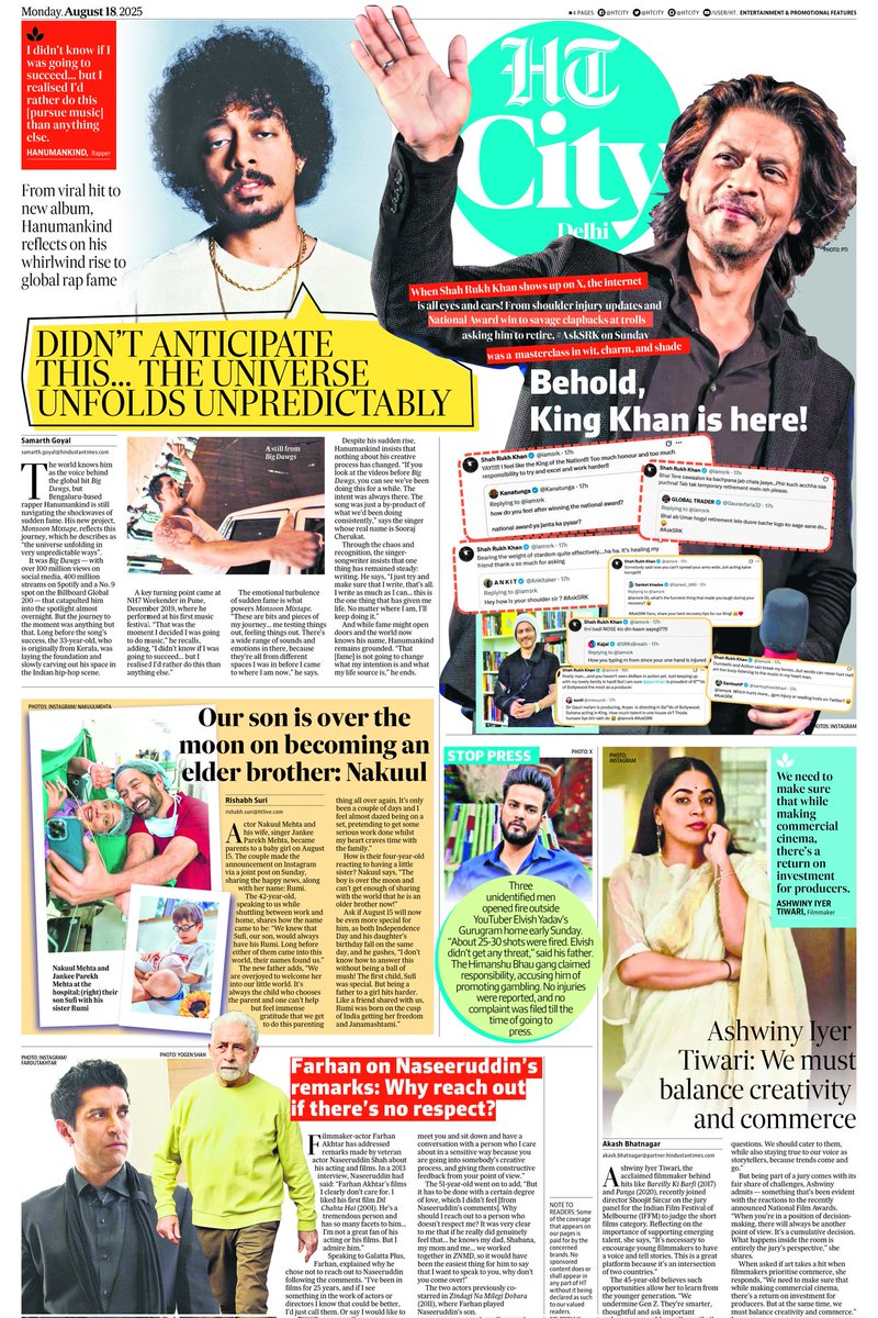 htcity's tweet image. Read all the top news from the world of entertainment and lifestyle in today's HT City
Read today's epaper: read.ht/Elzv 

#Hanumankind #ShahRukhKhan @iamsrk #SRK @SRKUniverse @NakuulMehta #ElvishYadav #ElvishArmy @FarOutAkhtar #naseeruddinshah #AshwinyIyerTiwari