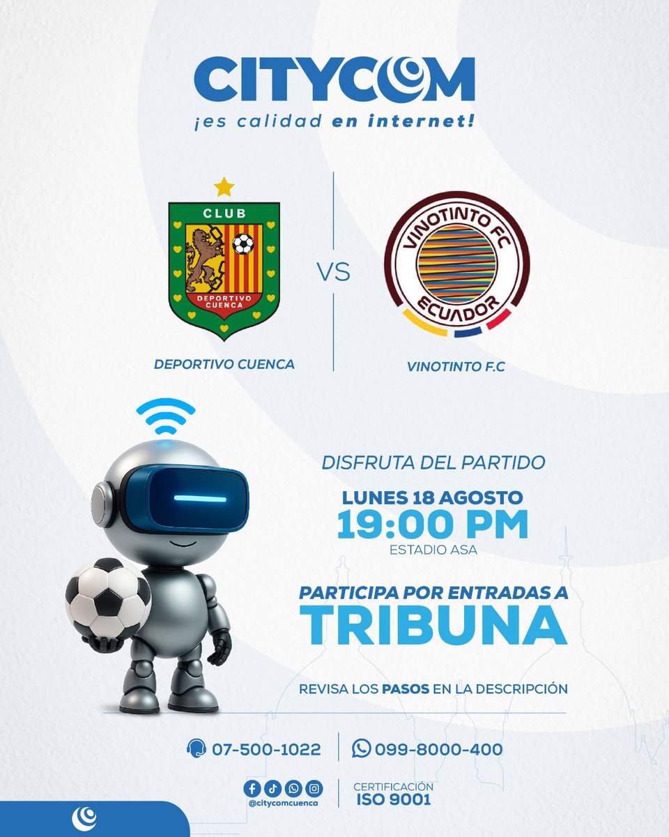 Salen 2️⃣ tribunas 🎟️ para #DCuenca #VinotintoFC gracias al internet de Citycom 🛜.

Dale RT 🔁, comenta con tus nombres completos y ya estas participando. 

🕰️ Sorteo: 13h00 de este lunes.