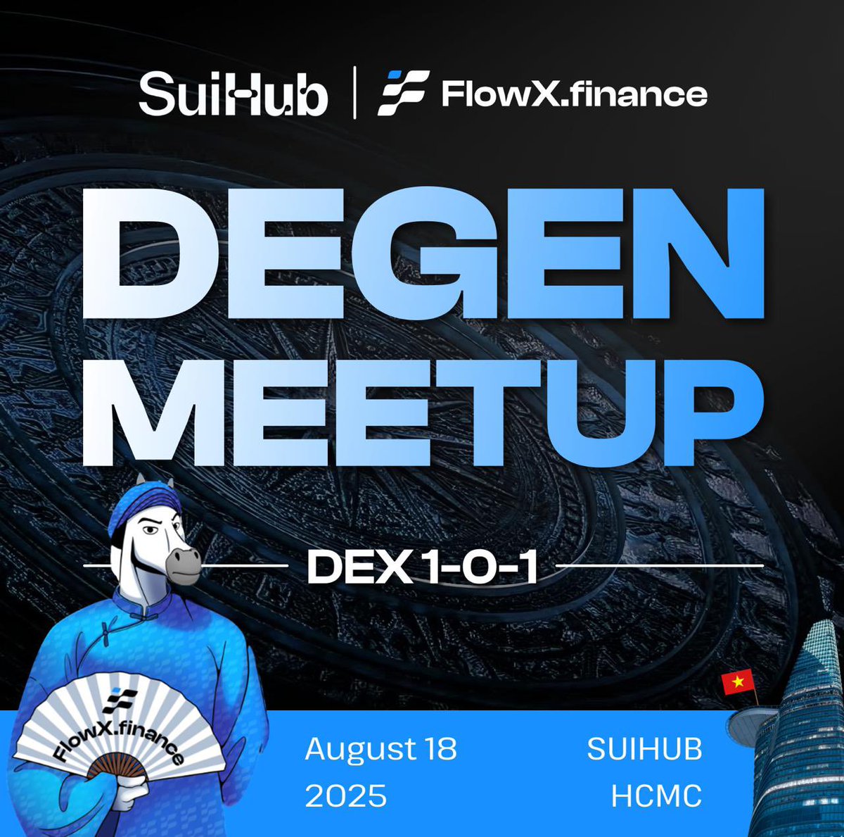 SuiHub APAC (@suihubapac) on Twitter photo Today, we are welcoming <a href="/FlowX_finance/">FlowX Finance 🦓</a> and <a href="/suipiens/">Suipiens.sui 🦍💧</a> to SuiHub, HCMC 🇻🇳 for DeFi 101. We’ll be discussing the latest updates on DeFi on Sui and exploring what’s coming up, including DeFi ve(3,3), BTCFi, and DEX Aggregators.
⏰ 6PM - 8PM
📍 SuiHub, HCMC
🎫 lu.ma/z8uols2j Today, we are welcoming <a href="/FlowX_finance/">FlowX Finance 🦓</a> and <a href="/suipiens/">Suipiens.sui 🦍💧</a> to SuiHub, HCMC 🇻🇳 for DeFi 101. We’ll be discussing the latest updates on DeFi on Sui and exploring what’s coming up, including DeFi ve(3,3), BTCFi, and DEX Aggregators.
⏰ 6PM - 8PM
📍 SuiHub, HCMC
🎫 lu.ma/z8uols2j