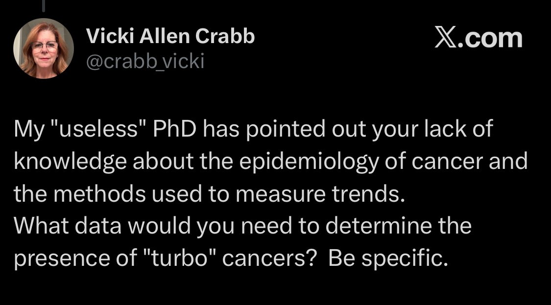 SadLongCovid's tweet photo. what a #RealLiar Vicki Allen Crabb is

pretends to have a PhD but in reality couldn’t get it PhDone, instead contributed to the death of her family members and community by not understanding infection prevention

zero publications

a failure, eugenecist, ableist, loser, and 🤡 https://t.co/2hZ5Znwad0