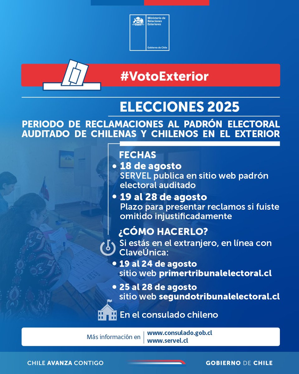 🗳️ #VotoExterior |  Desde el 19 al 28 de agosto está abierto el periodo de reclamaciones al padrón electoral auditado,  para quienes hayan sido omitidos injustificadamente del padrón o hayan detectado datos erróneos.