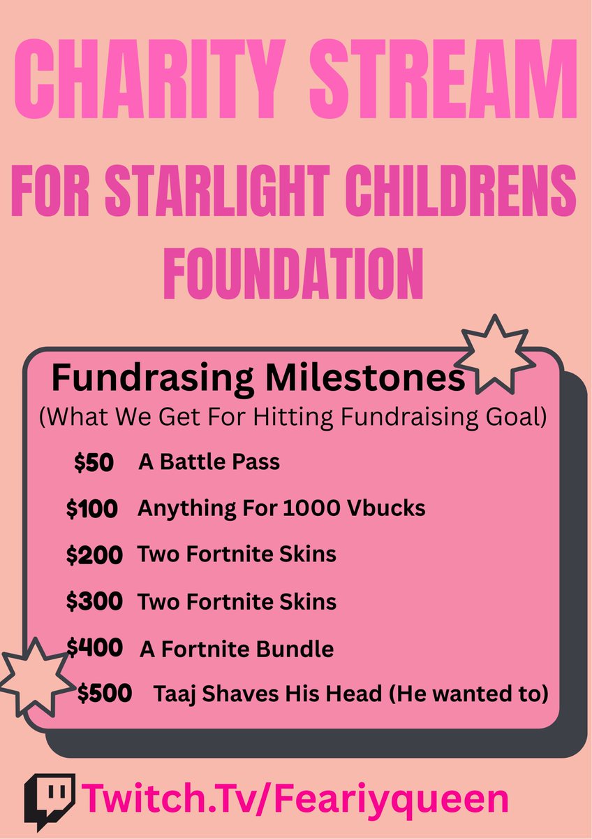 I am doing a charity stream with Starlight Foundation twitch.tv/feariyqueen I will be doing a variety of game love you all 💝 #charity #twitch #stream