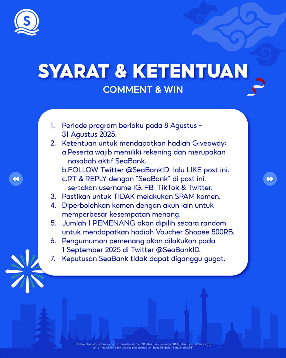 SeaBankID's tweet photo. GIVEAWAY VOUCHER SHOPEE 500RB!

Hai Sobat SeaBank, dapatkan kesempatan menang VOUCHER SHOPEE 500RB! Sebelumnya, pastikan kamu mengikuti syarat dan ketentuan yang ada di postingan ya. https://t.co/arpcJGereB