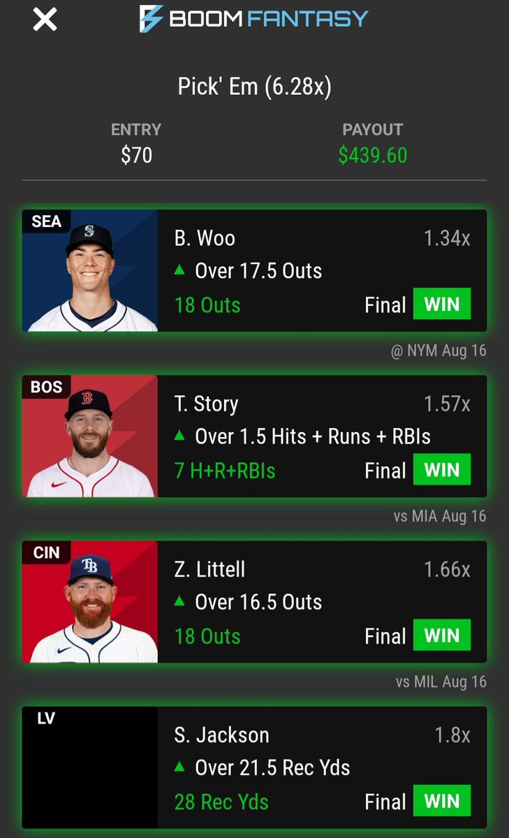 DJayPicks's tweet image. Took the day off scampicks and look what happened. Baaang!

$30-&amp;gt; $265
$90-&amp;gt;$378
$70-&amp;gt;$439
 
Lock in with us -&amp;gt;  mee6.xyz/en/m/banesquad

@BaneSquad_ 
@scotty_ggg 
#Banesquad 
#BoomFantasy