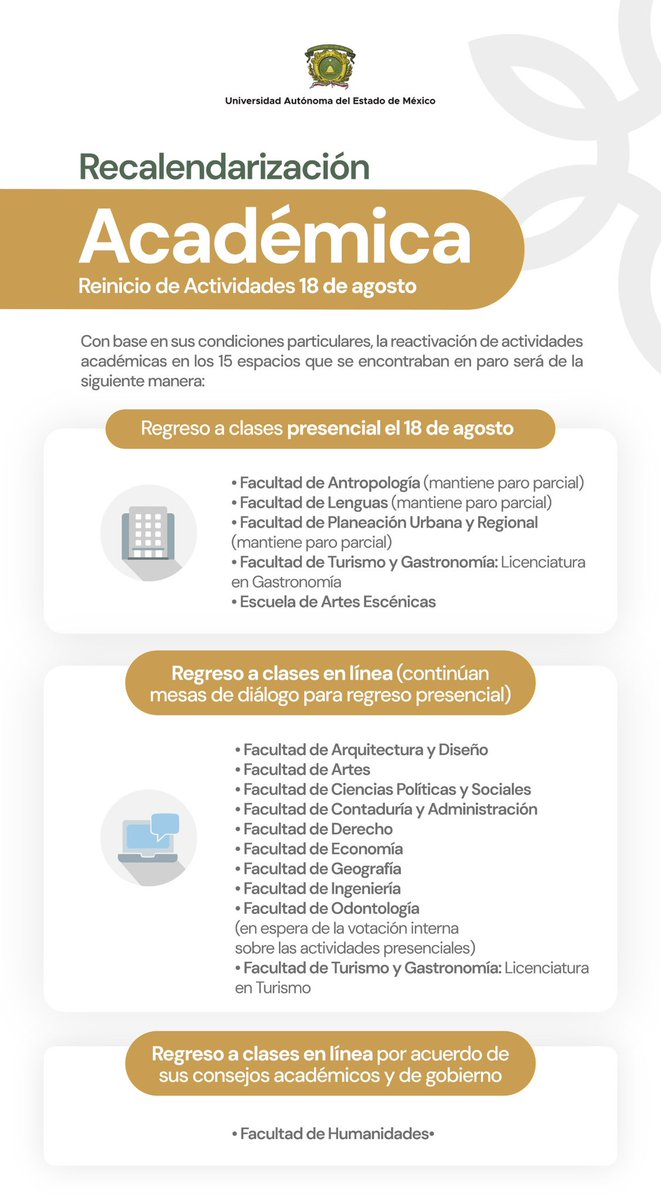 Gracias al trabajo conjunto, la voluntad y la disposición al diálogo de la comunidad estudiantil, este lunes, 15 espacios académicos retoman actividades. 

Seguiremos construyendo acuerdos y cumpliendo compromisos garantizando una educación digna y de calidad a cada estudiante.