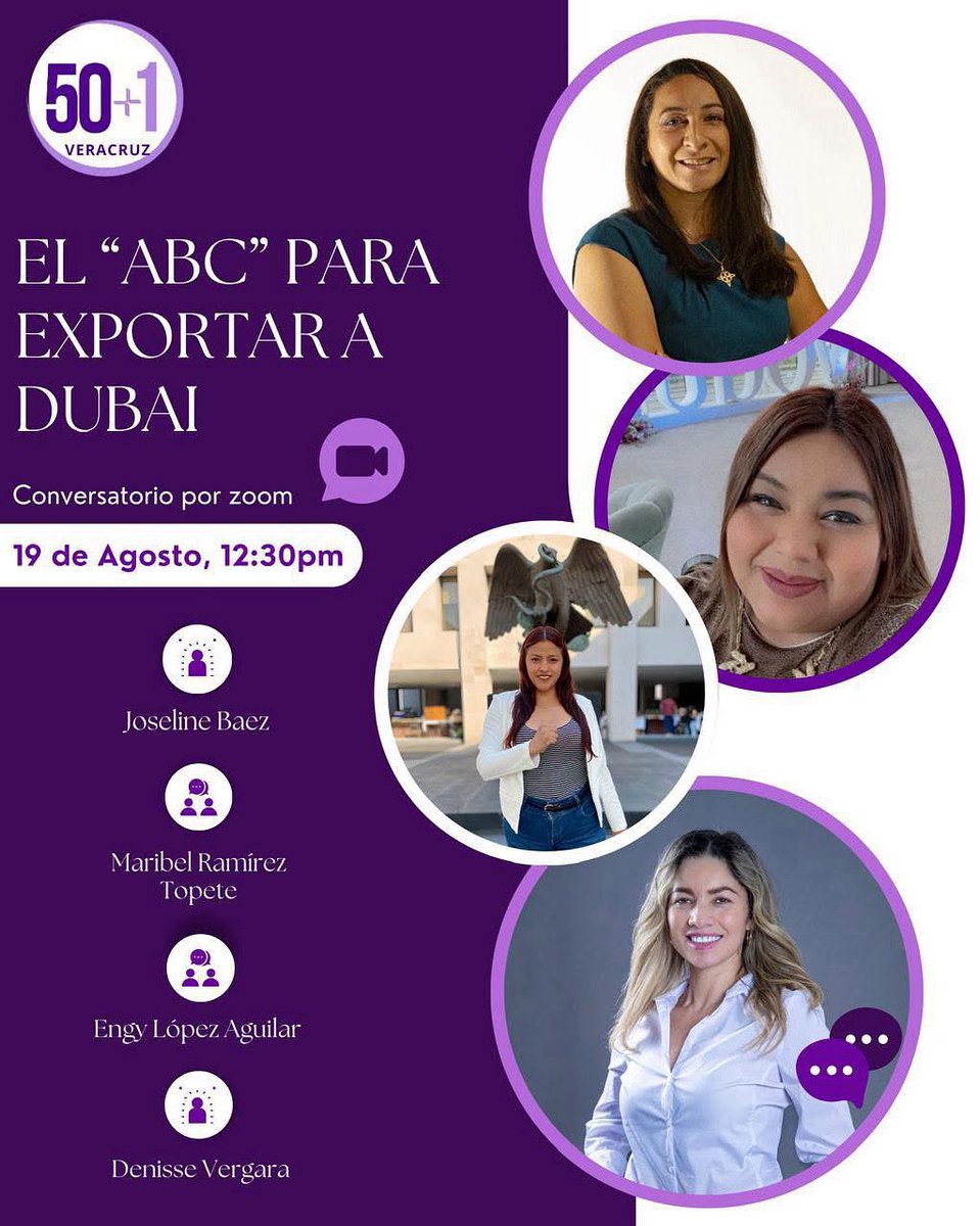 🌟 Conversatorio: El ABC para exportar a Dubái 🌟

Con <a href="/MaribelEscucha/">Maribel Ramírez Topete</a> 
Denise Vergara 
Joseline Baez 
Engy López Aguilar 

📅 Martes 19 de agosto | ⏰ 12:30 pm
📍 Facebook Live 

<a href="/50mas1veracruz1/">50mas1veracruz</a> 

💬 Aprende estrategias clave para llevar tu negocio al mercado de #Dubái