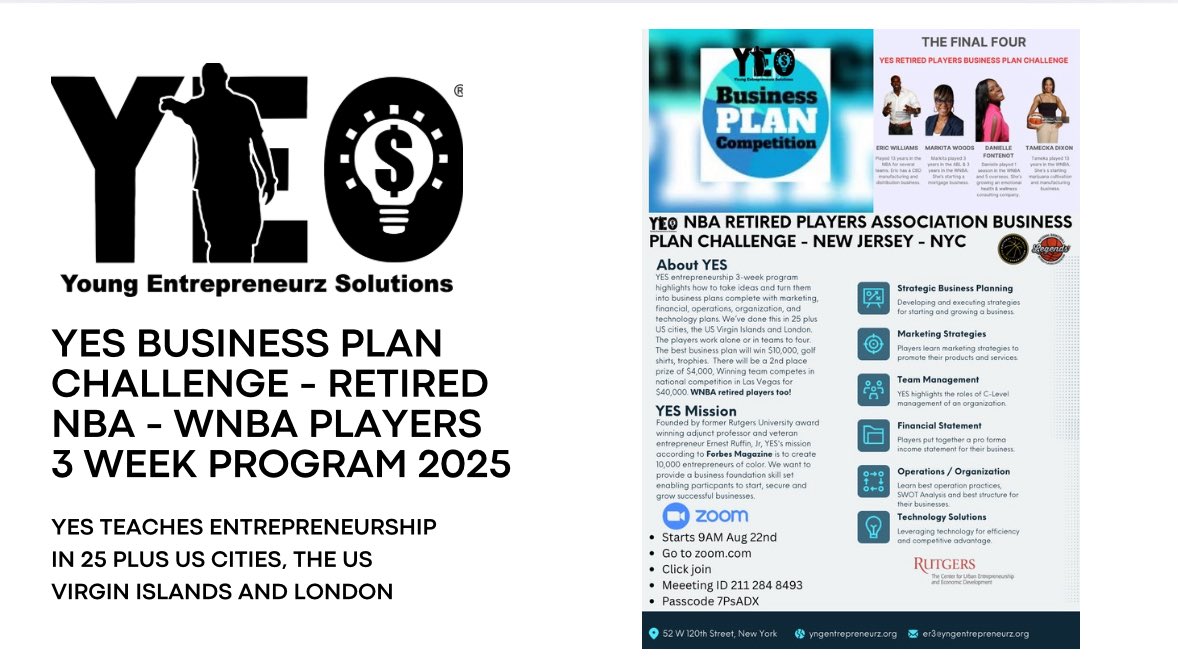 The final four retired NBA / WNBA players 1st YES Business Plan Challenge for a grand prize of $10,000 will be on zoom this Friday at 9AM EST. Please see attached flyer to view the challenge.. #yngentrepreneurz #retiredprofessionalathletes #kingjames #rutgersuniversitycueed