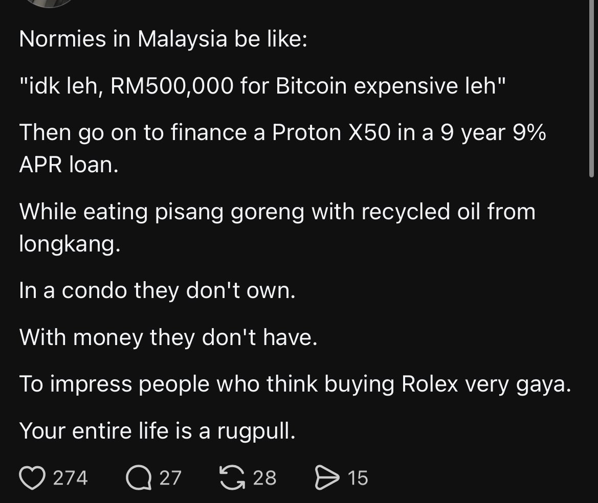 That’s the kind of post that screams top.

Pure top signal energy.

Kalau Bitcoin ada skim loan macam kereta 9 tahun / rumah 35 tahun, confirm semua orang beli.

Hakikatnya, extra money untuk invest tu memang almost tak ada bagi ramai orang yang kerja gaji to gaji.