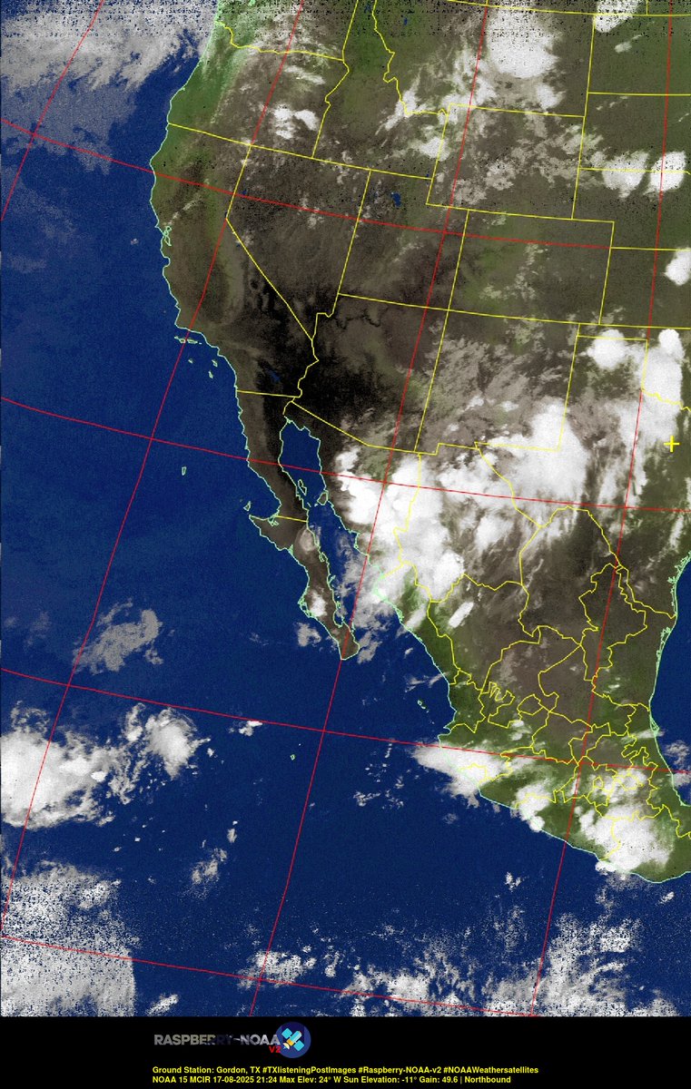 KB5ZUR's tweet image. Ground Station: Gordon, TX #TXlisteningPostImages #Raspberry-NOAA-v2 #NOAAWeathersatellites NOAA 15 17-08-2025 21:07 Max Elev: 24° W Sun Elevation: -11° Gain: 49.6 | Northbound