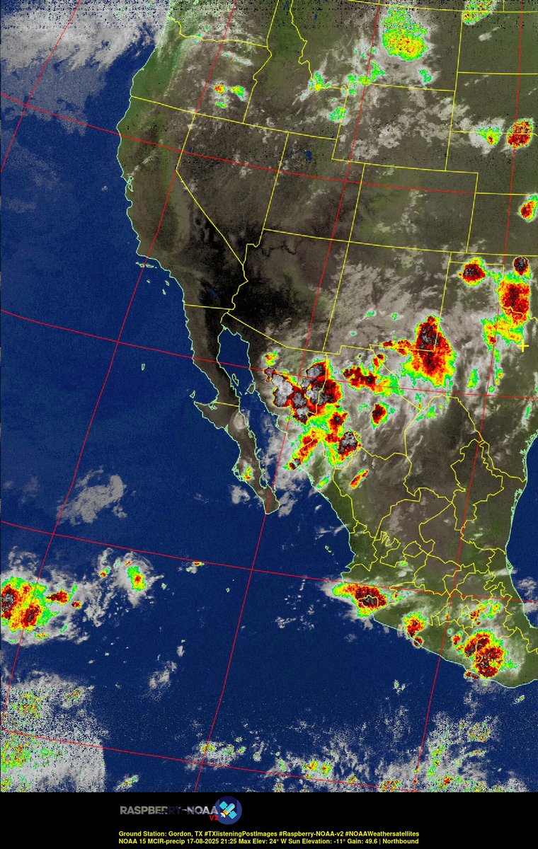 KB5ZUR's tweet image. Ground Station: Gordon, TX #TXlisteningPostImages #Raspberry-NOAA-v2 #NOAAWeathersatellites NOAA 15 17-08-2025 21:07 Max Elev: 24° W Sun Elevation: -11° Gain: 49.6 | Northbound