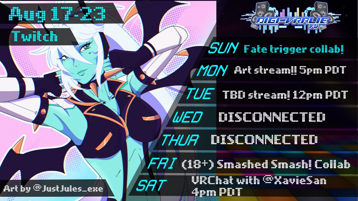 Thanks everyone for coming today!! Also Schedule is finally back!! A little week this week, and going forward, but I'm excited to have some more fun!! Art stream, a stream that's TBD, smashed smash collab and VRchat with <a href="/XavieSanDesu/">XAVIE-SAN🦊SpiritFox🦊Vtuber</a> ! Art by the great <a href="/JustJules_exe/">Jules ⚡️🪽</a>