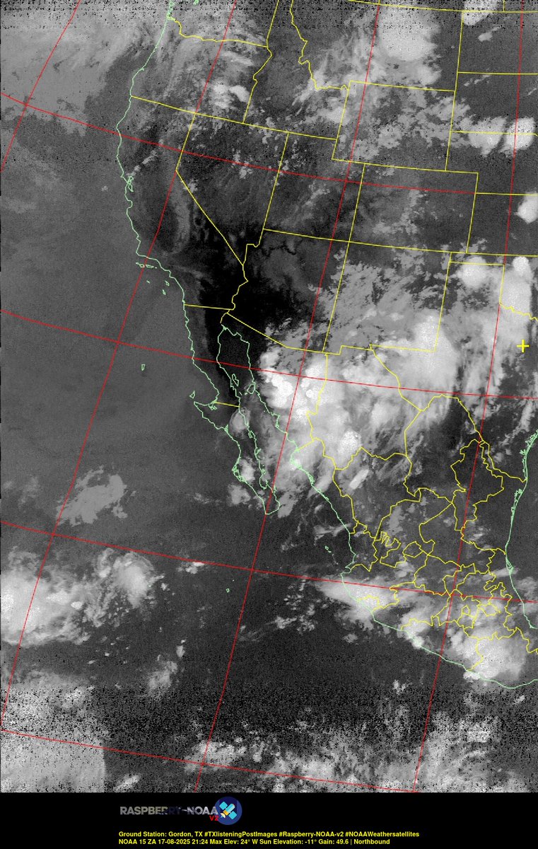 KB5ZUR's tweet image. Ground Station: Gordon, TX #TXlisteningPostImages #Raspberry-NOAA-v2 #NOAAWeathersatellites NOAA 15 17-08-2025 21:07 Max Elev: 24° W Sun Elevation: -11° Gain: 49.6 | Northbound