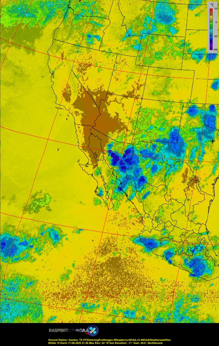 KB5ZUR's tweet image. Ground Station: Gordon, TX #TXlisteningPostImages #Raspberry-NOAA-v2 #NOAAWeathersatellites NOAA 15 17-08-2025 21:07 Max Elev: 24° W Sun Elevation: -11° Gain: 49.6 | Northbound