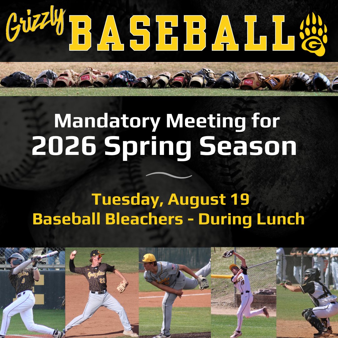 📣 Attention Grizzlies!

All student-athletes interested in playing Galena Baseball this spring must attend a mandatory meeting on Tuesday, August 19 during lunch at the baseball field bleachers.

Questions? Contact coachsaake@gmail.com ⚾
#GrizzPride #GalenaBaseball