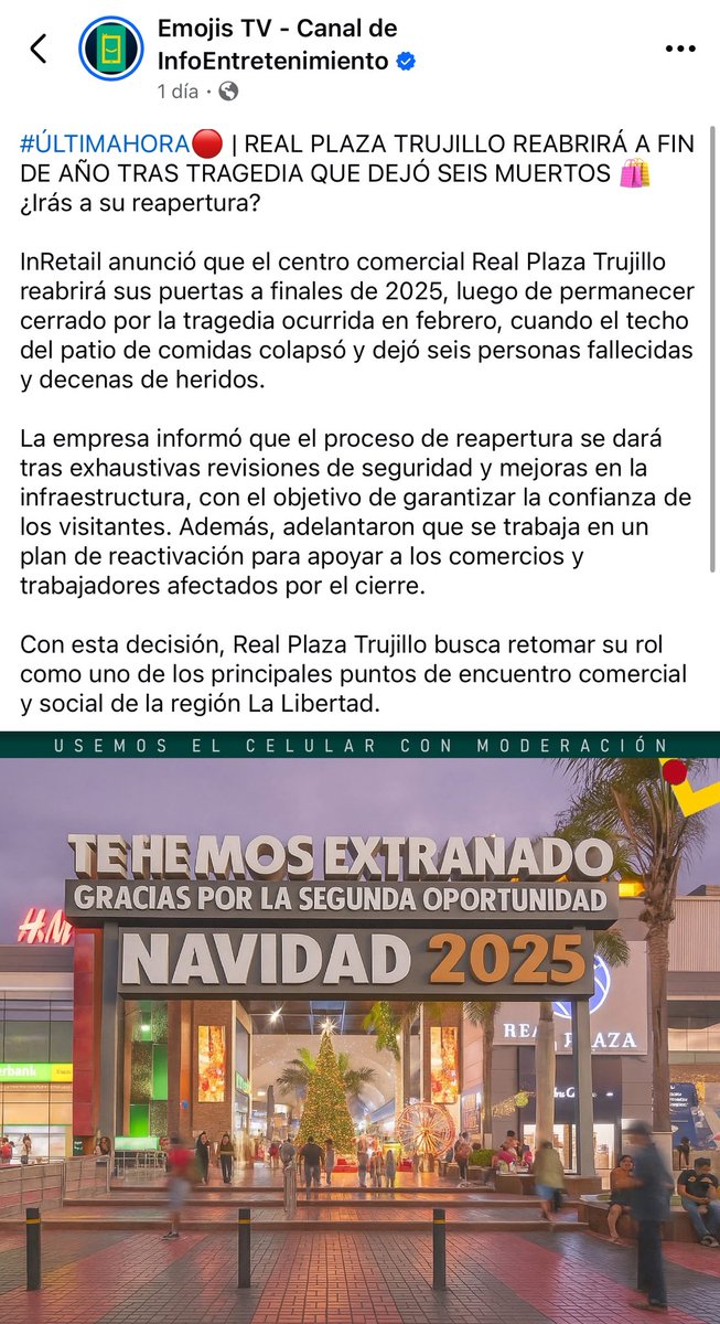 Un mall cerrado no frena la violencia, pero sí destruye empleos. Lo de ayer
frente al Real Plaza lo demuestra <a href="/RPPNoticias/">RPP Noticias</a> <a href="/diariocorreo/">Diario Correo</a>