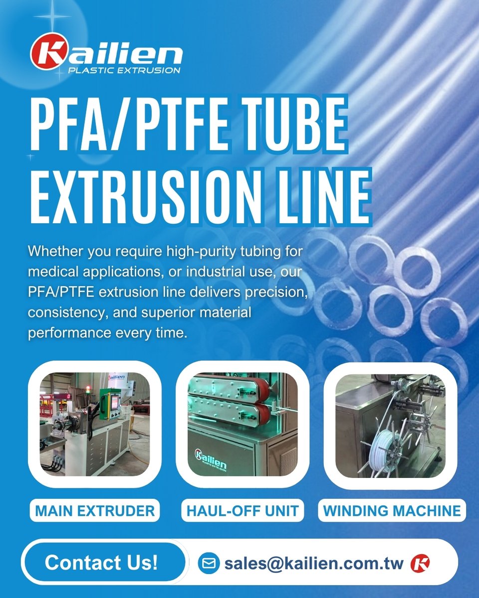 KailienTW's tweet photo. Kailien's PFA / PTFE Extrusion Line is engineered for high-performance fluoropolymer applications.

From semiconductor production to chemical piping and medical devices, our machines ensure accurate dimensions, smooth surfaces. https://t.co/mptOruaVxH