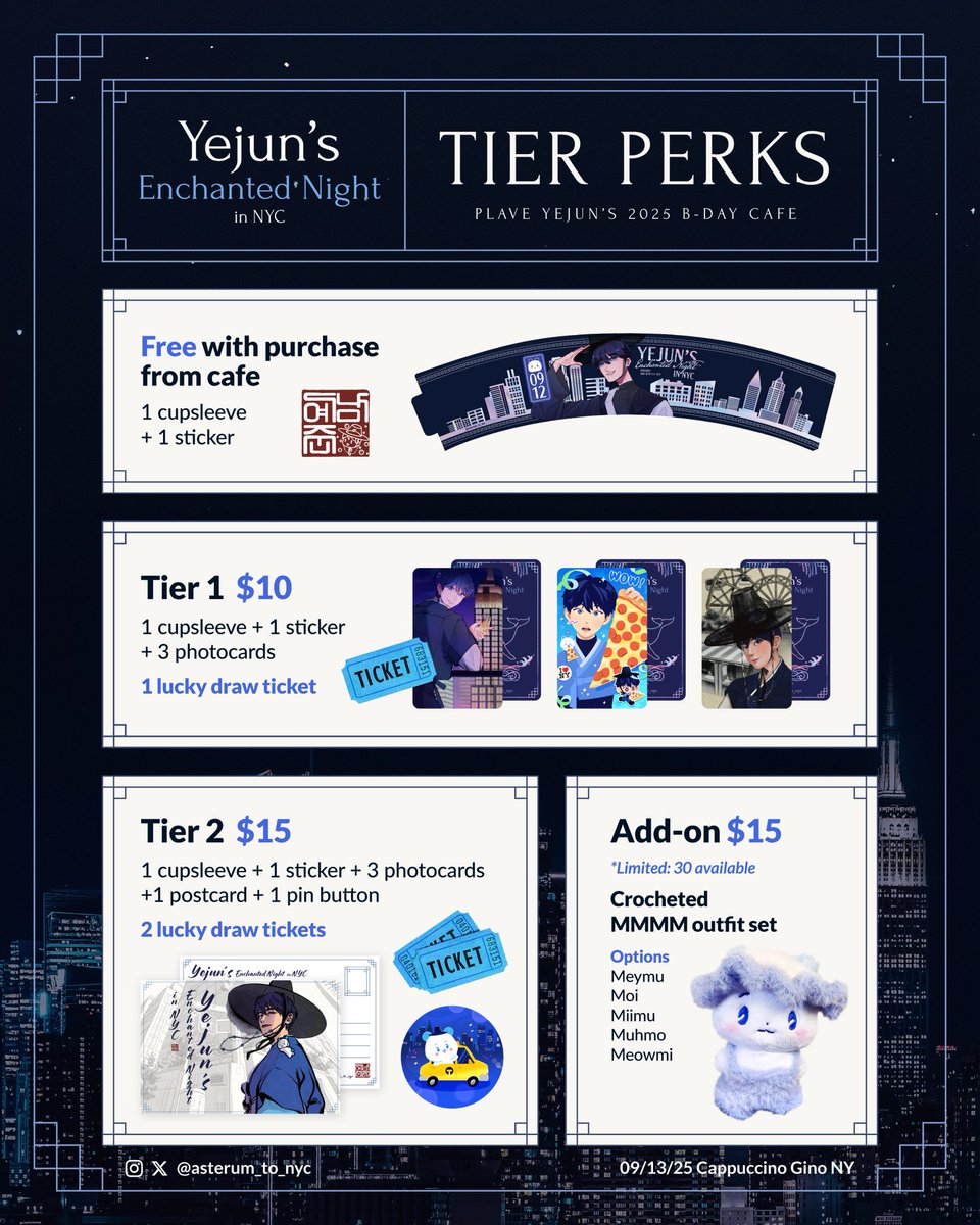 asterum_to_nyc's tweet photo. 🫐Yejun's Enchanted Night in NYC Tier Perks 🔮

Here are the Donation Tier Perks for our upcoming cupsleeve event celebrating Yejun's birthday! 

Many thanks to collaborators @Sprout_Plli @soresoar @capseoule @Songplli_01 &amp; Niro for their lovely artworks!💙 https://t.co/6EgkJS4fN3