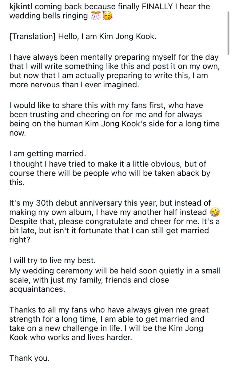 WEDDING BELLS ARE RINGING FINALLY!! 🥳🥳🥳

CONGRATULATIONS KIM JONG KOOK!! SO HAPPY FOR YOU!!!! 🫶🏻🫶🏻🫶🏻