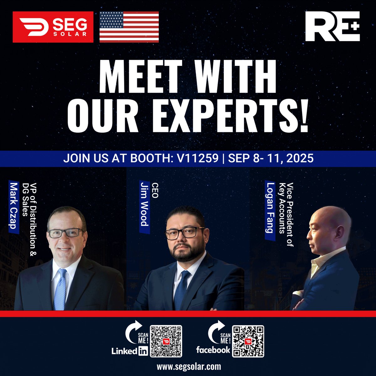 Get ready to power the future! 🔋 Meet SEG Solar’s expert team at RE+ 2025—Booth V11259, Sep 8–11. Connect with our sales experts, and technical pros ready to drive your solar success. Let’s innovate, collaborate, and scale what’s possible. See you there! 🌞