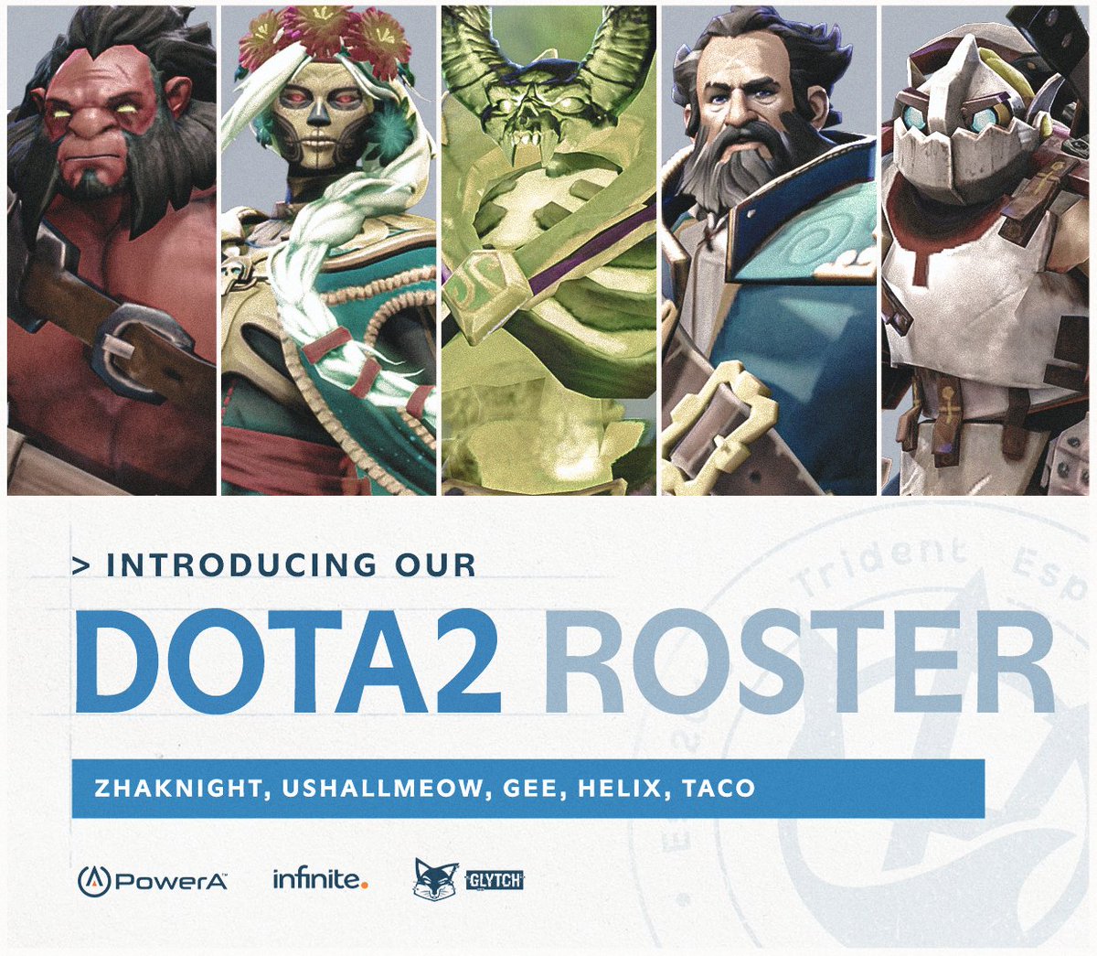 #ANNOUNCEMENT 

Please join me in welcoming former #ScugTogetherStrong to the ever-growing #TridentFamily. 

Competing in Phoenix League and D2AU.
🔷 <a href="/zhaknxght/">Ronan</a> 
🔷 <a href="/ushallmeow/">Ushallmeow</a> 
🔷 #Gee 
🔷 #Helix 
🔷 #Taco 
🔷 #Kody (Sub)
🔷 #REAPER (Sub)
"Dota 2 has always been a passion of