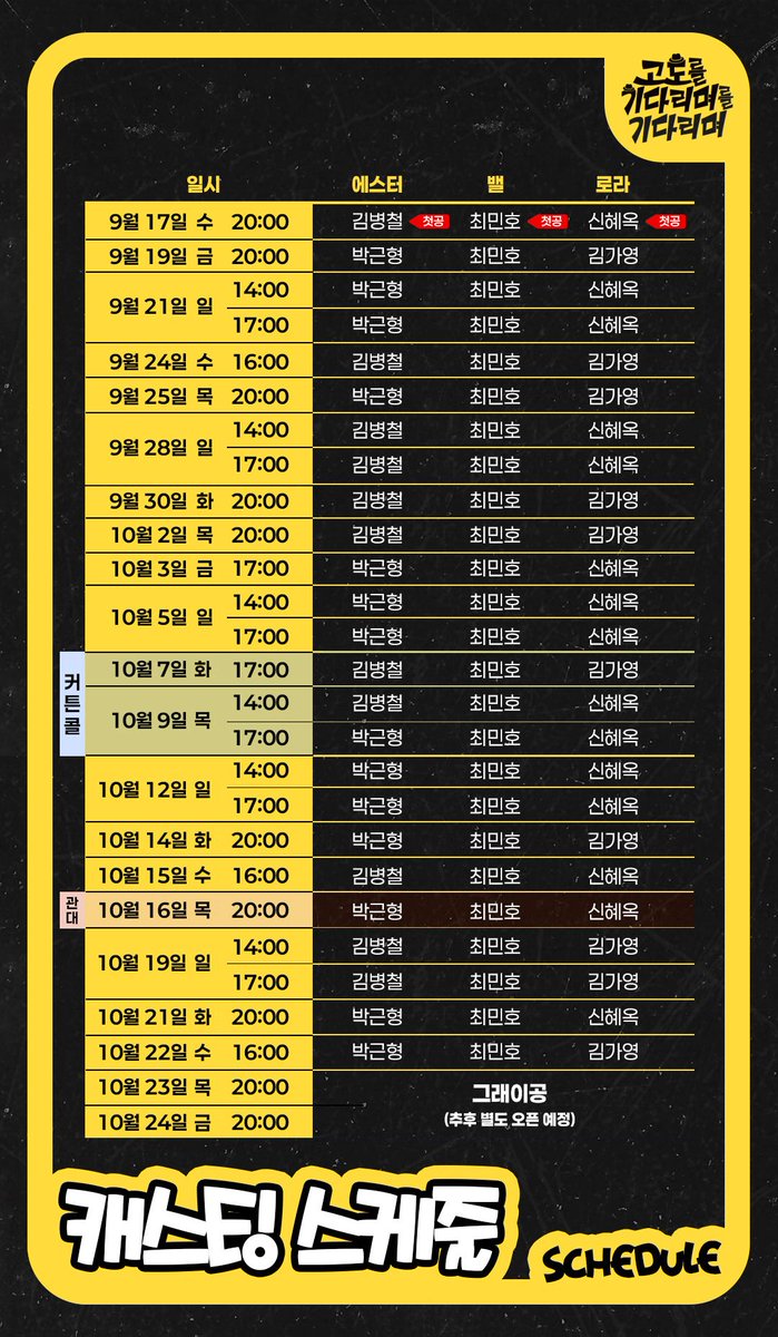 #고도를_기다리며를_기다리며 
2025.09.16 ~ 11.16

< 최민호 배우 캐스팅 스케줄 >
1차 티켓 오픈 : 13회
2차 티켓 오픈 : 12회 
총 25회 (그래이공 추후 별도 오픈)

#샤이니 #SHINee #민호 #MINHO #ミンホ