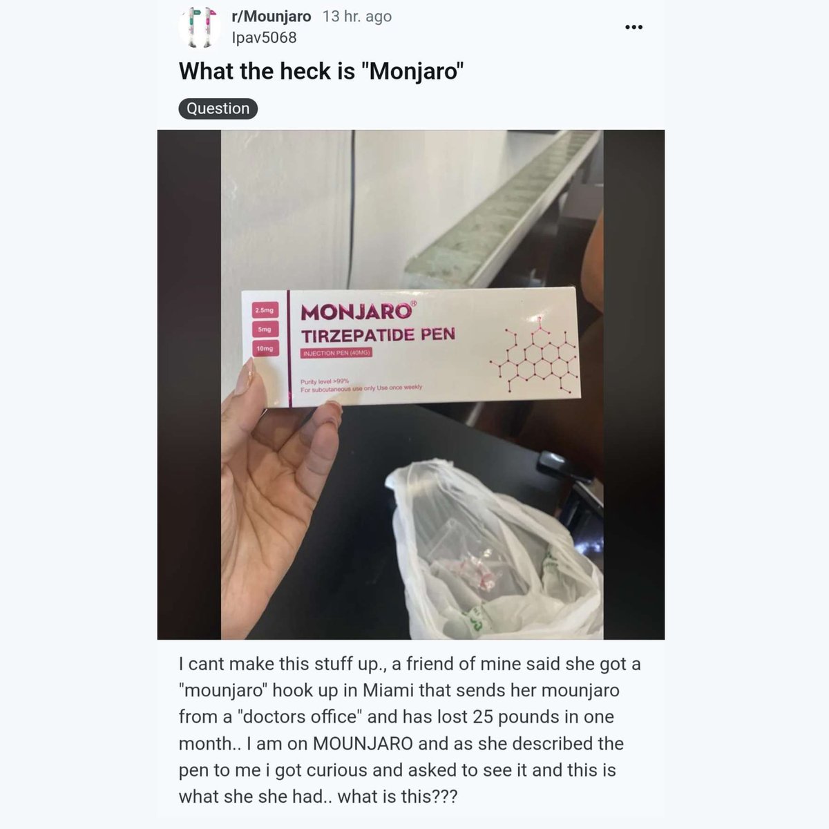 🚨 Counterfeit Alert: “Monjaro” 🚨

This photo has been doing the rounds, someone holding a box labeled “Monjaro Tirzepatide Pen.” Not Mounjaro®. Not Zepbound®. “Monjaro.”

Patients are being told it’s tirzepatide, shipped from “doctor’s offices,” and sold as if it were a
