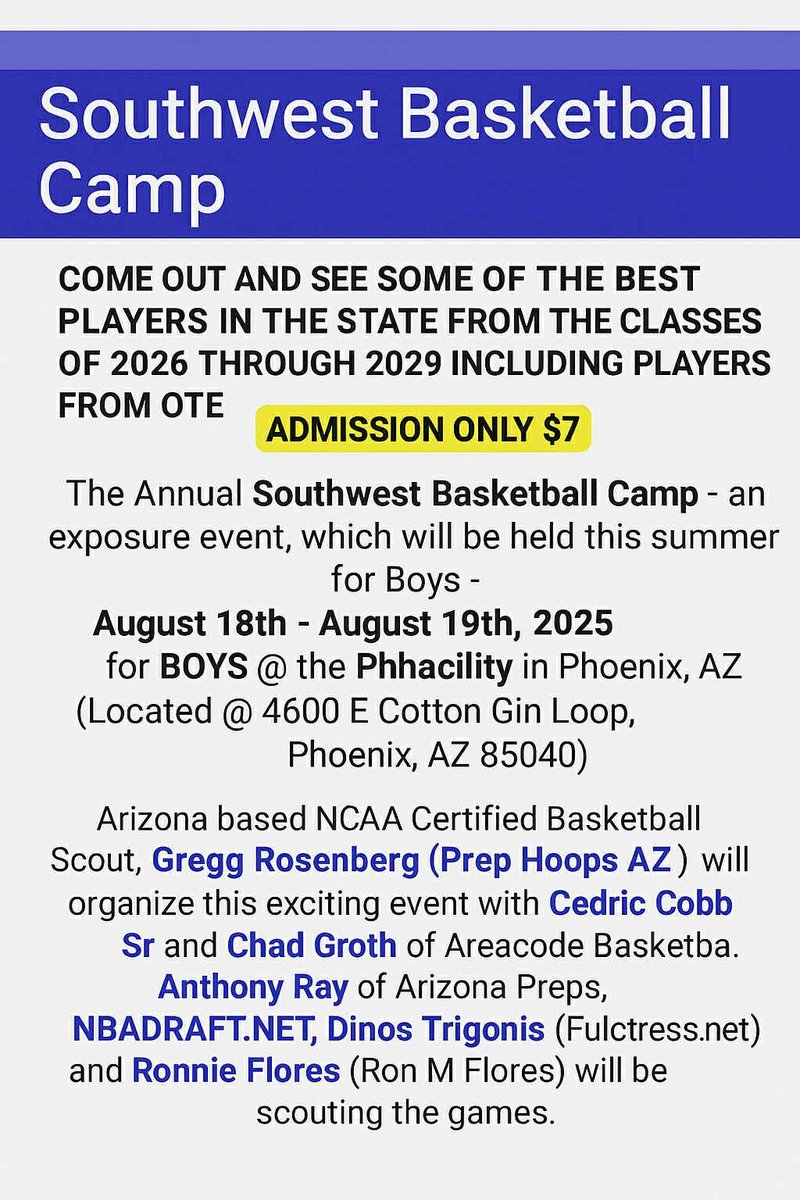 ©ed®️i© Cobb™ (@cedriccobb_) on Twitter photo Come check out the 8th annual Southwest Basketball Camp .🔥 <a href="/GreggRosenberg1/">Gregg Rosenberg</a> <a href="/PrepHoopsAZ/">Prep Hoops Arizona</a> <a href="/_RECRUITid/">RECRUITid</a> <a href="/JUSTCHILLY/">Just Chilly</a> <a href="/COOLBREEZEAZ22/">PapaHinojosa</a> <a href="/jacob_seliga/">Jacob Seliga</a> <a href="/areacodes/">AreaCodes Basketball</a> <a href="/DelonBowenHoops/">Delon Bowen</a> <a href="/Risingh00ps/">Spencer Goldberg</a> <a href="/EVision_AZ/">EVision</a> <a href="/acproductions_/">AC</a> <a href="/TeamRHJAZ/">Coach Hood</a> <a href="/jjmillyardaz/">John Millyard</a> Come check out the 8th annual Southwest Basketball Camp .🔥 <a href="/GreggRosenberg1/">Gregg Rosenberg</a> <a href="/PrepHoopsAZ/">Prep Hoops Arizona</a> <a href="/_RECRUITid/">RECRUITid</a> <a href="/JUSTCHILLY/">Just Chilly</a> <a href="/COOLBREEZEAZ22/">PapaHinojosa</a> <a href="/jacob_seliga/">Jacob Seliga</a> <a href="/areacodes/">AreaCodes Basketball</a> <a href="/DelonBowenHoops/">Delon Bowen</a> <a href="/Risingh00ps/">Spencer Goldberg</a> <a href="/EVision_AZ/">EVision</a> <a href="/acproductions_/">AC</a> <a href="/TeamRHJAZ/">Coach Hood</a> <a href="/jjmillyardaz/">John Millyard</a>