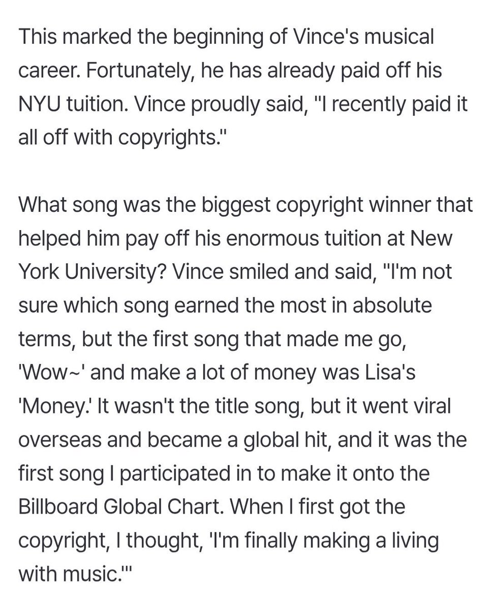 คุณ Vince โปรดิวเซอร์และนักแต่งเพลงบอกว่าเพลง Money ของลิซ่าเป็นเพลงแรกที่ทำให้เค้ารู้สึกว้าวกับค่าลิขสิทธิ์มันทำเงินให้เค้าอย่างมหาศาล ถึงมันไม่ใช่เพลงไตเติ้ลแต่มันไวรัลในต่างประเทศและในท้ายที่สุดมันกลายเป็น Global hit แถมยังเป็นเพลงแรกของเค้าที่ได้เข้า Billboard chart 
#LISA