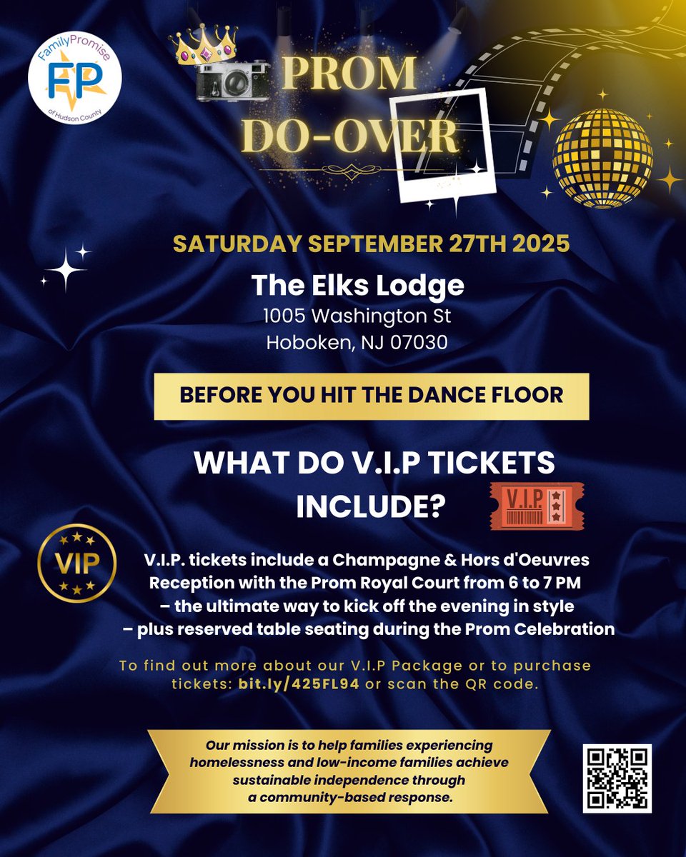 FP_Hudson's tweet photo. What do V.I.P tickets include? 🍾 A Champagne &amp; Hors d’Oeuvres Reception (6–7 PM) + reserved seating for the Prom Celebration! Join us Sept 27 at Elks Lodge, Hoboken 🎉 Get tix: https://t.co/HsB25FhaBi #FPHC #PromDoOver #HobokenNJ https://t.co/RDNWd2OWGy