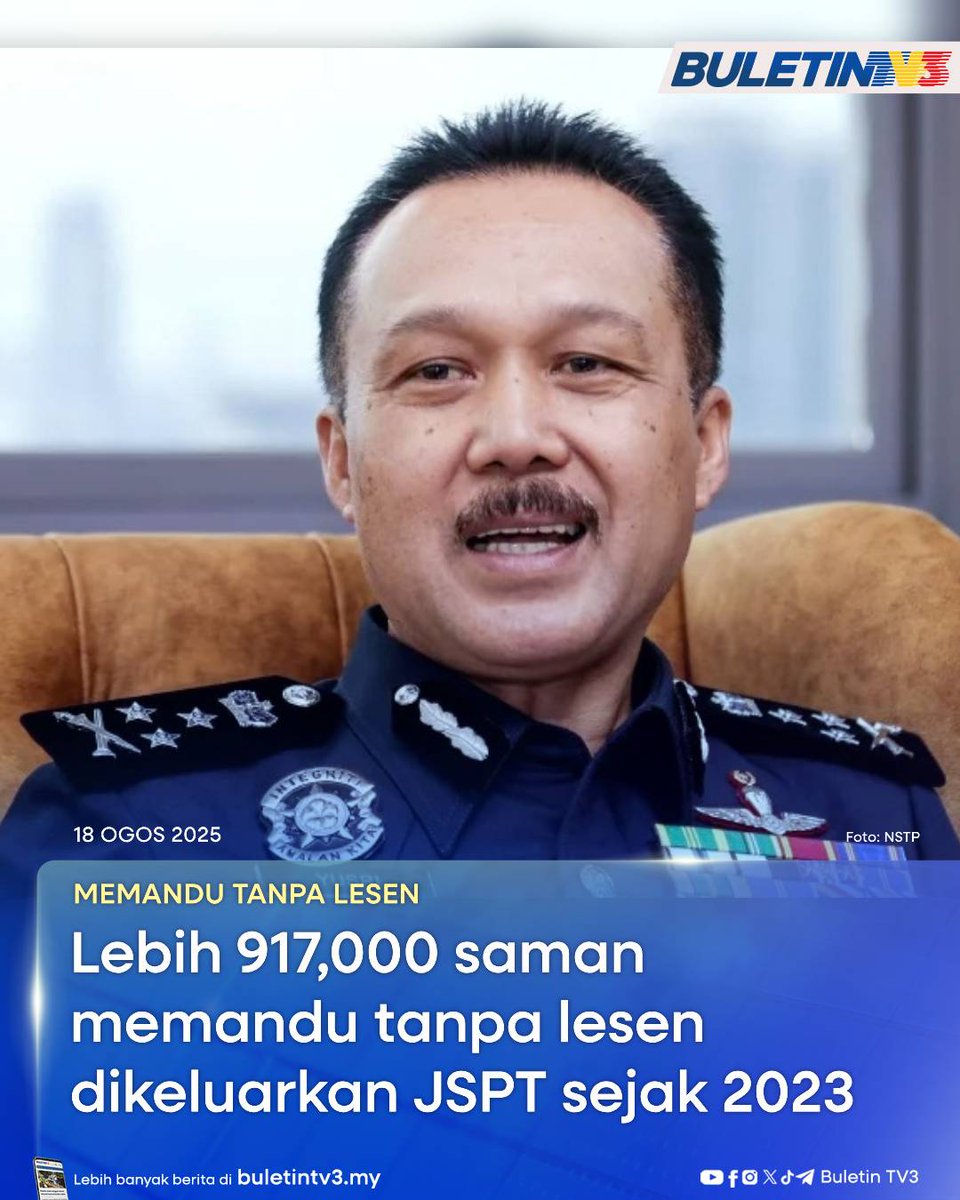 BuletinTV3's tweet photo. MEMANDU TANPA LESEN | Sejumlah 917,350 saman atas kesalahan memandu tanpa lesen dikeluarkan oleh Jabatan Siasatan dan Penguatkuasaan Trafik (JSPT) di seluruh negara dalam tempoh tiga tahun antara 2023 hingga Jun tahun ini.

#BuletinTV3 #saman #trafik #memandutanpalesen #JSPT https://t.co/f9oqlguPrm