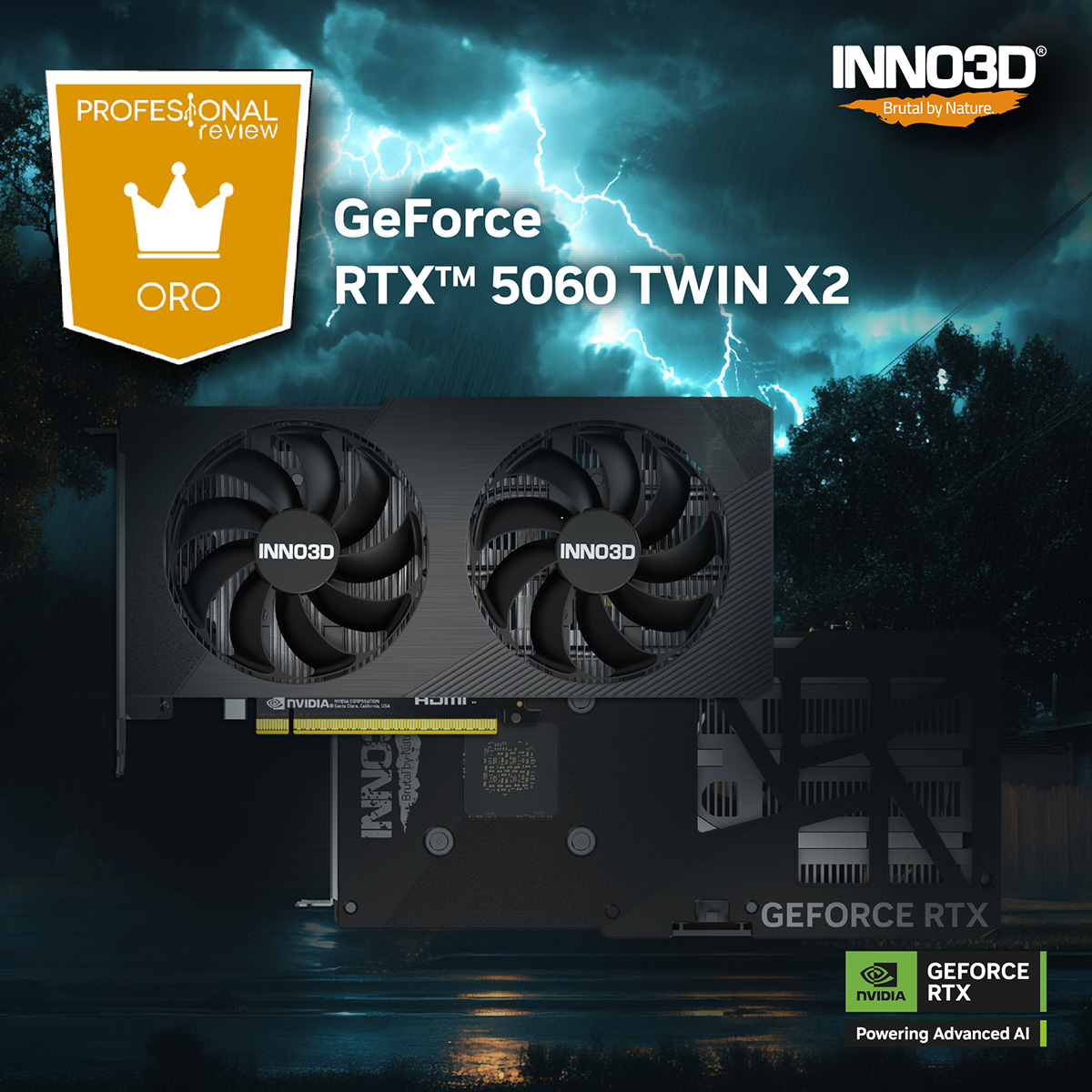 Inno3D's tweet photo. INNO3D GeForce RTX 5060 Twin X2 wins “GOLD” award from Professional Review! 🍾🏆
“A fairly cool GPU with a blazing-fast power consumption.”
Read more: https://t.co/1sAKTEUogg
#award #brutalbynature #inno3d #blackwell #geforce #rtx #rtx5060 #dualslot #gpu https://t.co/LkwMvyDLJE