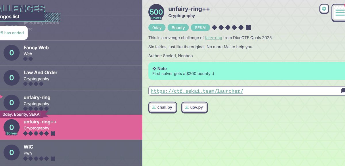ProjectSEKAIctf's tweet image. Four bounties remain unclaimed. We are extending these three for one more week — the first team to open a ticket with the flag wins:
- 6◆ pwn/WIC: $200 for the🩸First Solve
- 6◆ crypto/unfairy-ring++: $200 for the🩸First Solve
- 5◆ crypto/unfairy-ring: $100 for the🩸First…