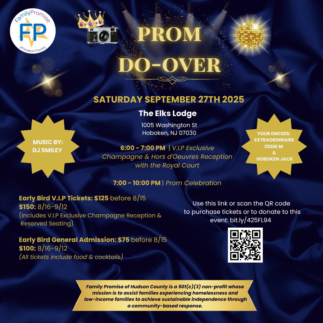 FP_Hudson's tweet photo. Our Prom Do-Over is almost here &amp; tickets are going fast! 🎉 Join us Sept 27 at Elks Lodge, Hoboken for a glamorous night of dancing, fun &amp; support for families in Hudson County 💃🍾 Get tix: https://t.co/HsB25FgCLK #FPHC #PromDoOver #HobokenNJ https://t.co/2VUyRc2iF5