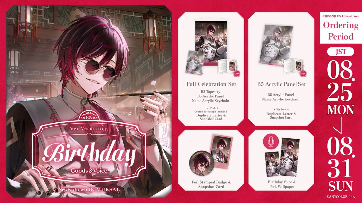 NIJISANJI EN Official (@nijisanji_world) on Twitter photo 【🎂Ver Vermillion Birthday Goods & Voice 2025】
♦️🐯Celebrate <a href="/Ver_Vermillion/">Ver Vermillion ♦️🐯 NIJISANJI EN</a>'s birthday with Birthday Goods & Voice on the #NIJISANJI_EN Official Store!
⏰Sales start
August 24 (Sun) 20:00 PDT
🔻Store
nijisanji-store.com/collections/ve… 【🎂Ver Vermillion Birthday Goods & Voice 2025】
♦️🐯Celebrate <a href="/Ver_Vermillion/">Ver Vermillion ♦️🐯 NIJISANJI EN</a>'s birthday with Birthday Goods & Voice on the #NIJISANJI_EN Official Store!
⏰Sales start
August 24 (Sun) 20:00 PDT
🔻Store
nijisanji-store.com/collections/ve…