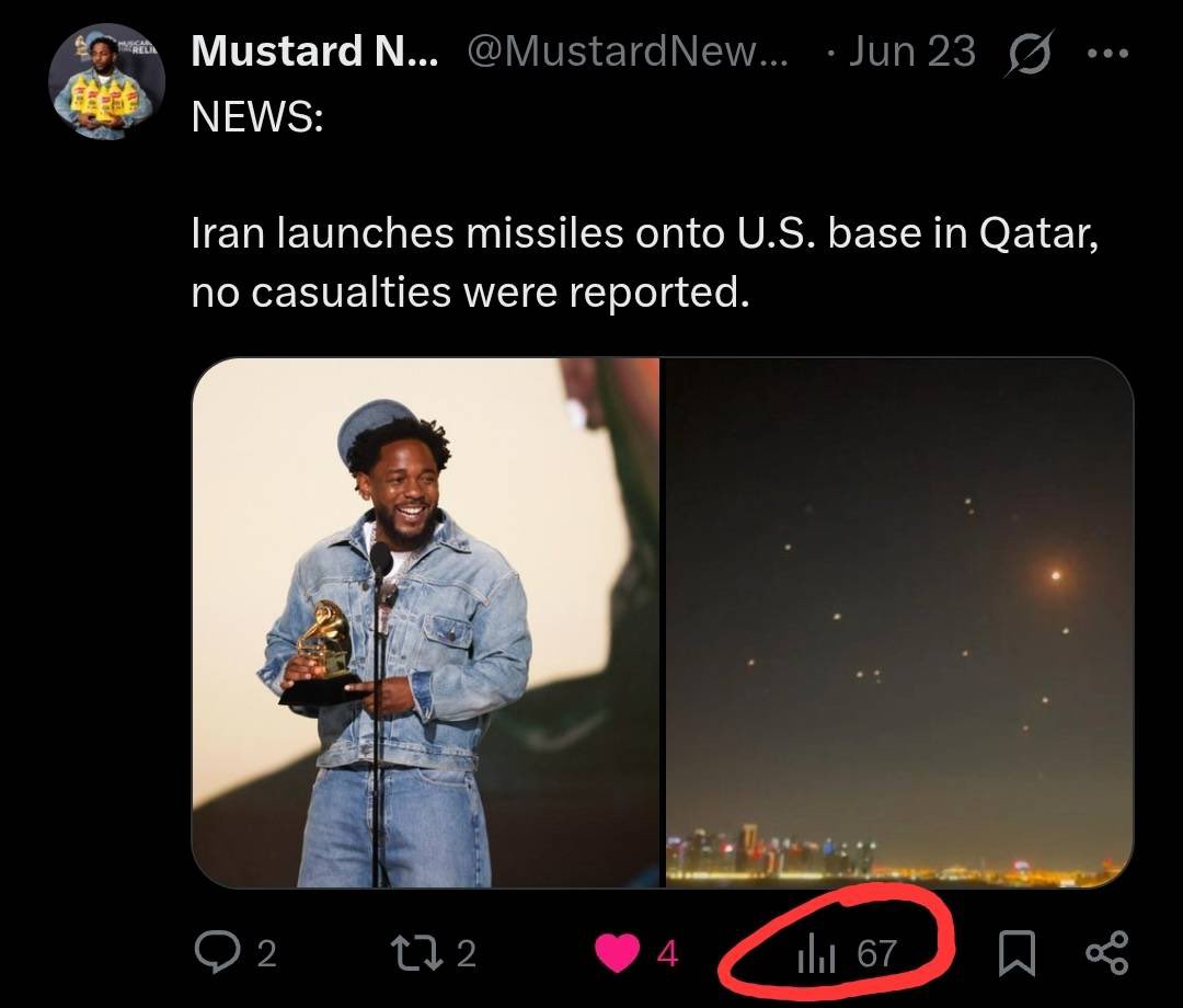 mustardnews67's tweet photo. NEWS:

i reached 67 ☠️ views on my post, yall not like the others 🙏 https://t.co/O32peBNzoX