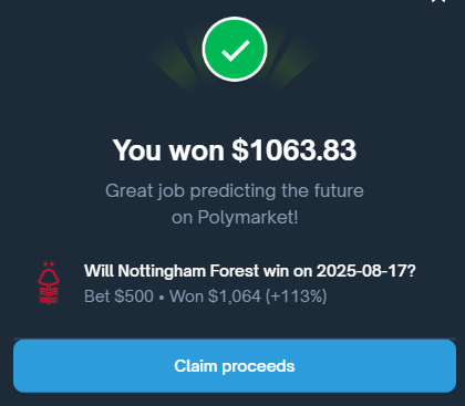 Nottingham Forest FC - Brentford FC 3-1 
Today I won.  
My bet 500$
#polymarket #sportbet #betting