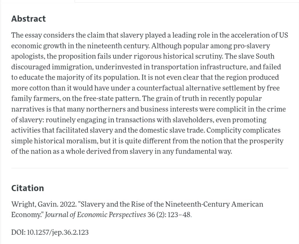 Economic historians largely disagree with the claim that "Slavery turned America into an economic superpower"

Here is a recent article by Gavin Wright, summarizing a career's worth of work by him (and others)

aeaweb.org/articles?id=10…