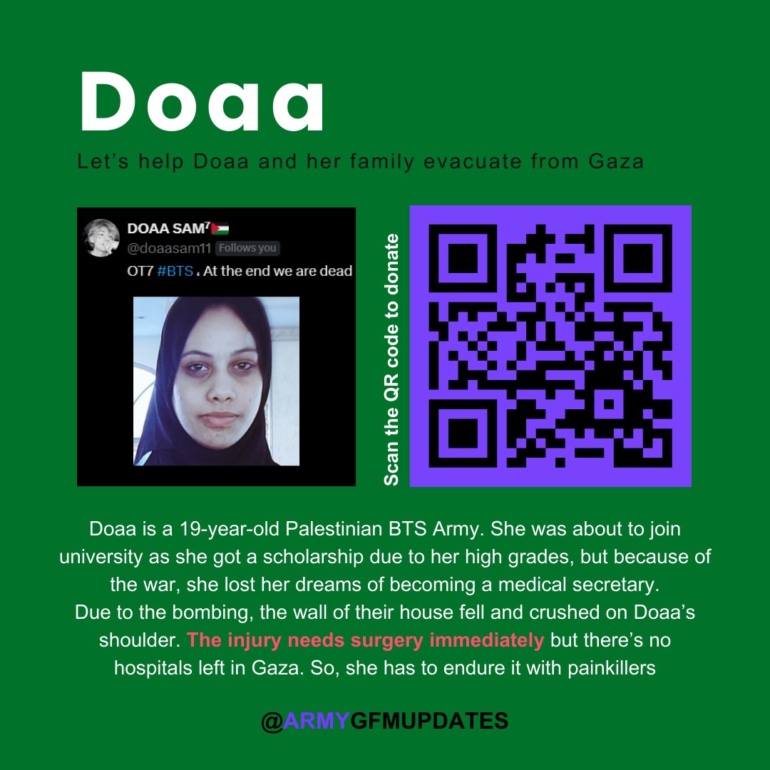 HungryBunnie23's tweet photo. 🇵🇸💜 Please help our #BTSARMY in Gaza, Doaa by d♡nating &amp; sh4ring her survival campaign: https://t.co/ADMjOXoNAX https://t.co/46C7VotVuA