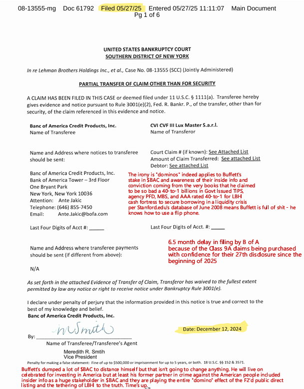 SaulGoodbot's tweet photo. They are in fact "dominos" though as Buffett said. GSE's - the ongoing CH 11 of LBHI and some foreign equivalents of subsidiaries that just keep paying out LBHI's global cash fortress... GSE list will explain why since Dec 2024 $BAC is buying LBHI CH 11 claims (27x &amp; billions). https://t.co/okpbdIKTVj