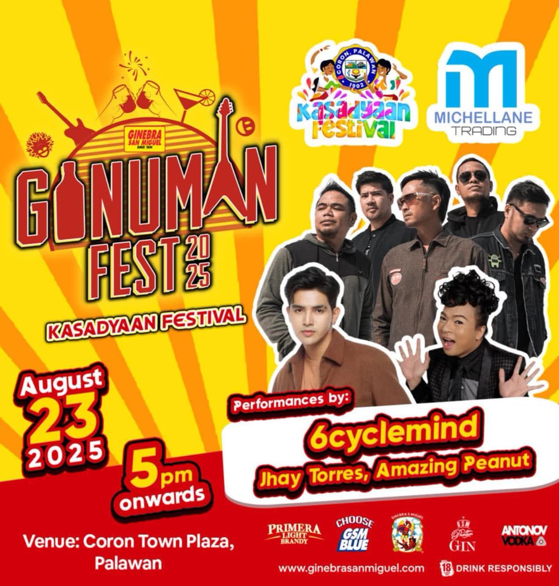 6cyclemind's tweet photo. Babalik kami diyan Coron, Palawan! Kitakits tayo sa Coron Town Plaza, sa August 23 (Sat) para sa Kasadyaan Festival 🤘

#GinumanFest #6cyclemind #soupstar https://t.co/0qIjR70Hl0